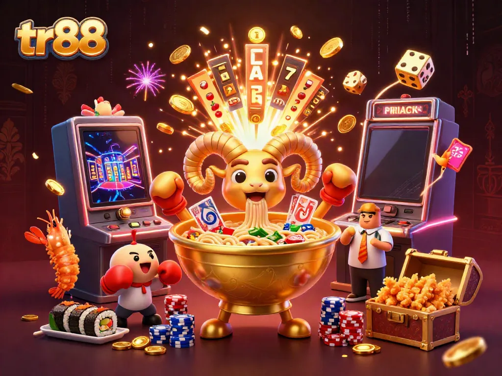 Join the fun at TR88 with this vibrant illustration showcasing slot games, casino excitement, and vibrant characters.