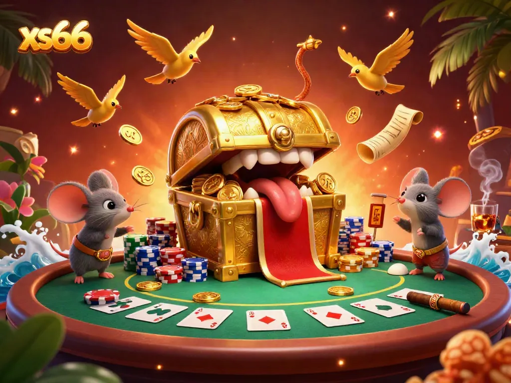 Experience the thrill of gambling with xs66, showcasing a vibrant 3D treasure scene of poker games and adventurous scenarios.