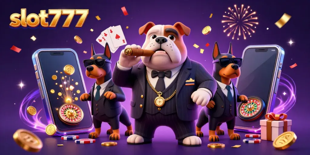 Permainan slot777 yang menarik dengan karakter kartun 3D mafia, anjing doberman, dan elemen kasino lainnya.
