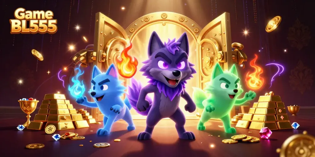 Engaging scene showcasing Game BL555 with mystical wolves and treasure in a vibrant casino setting.