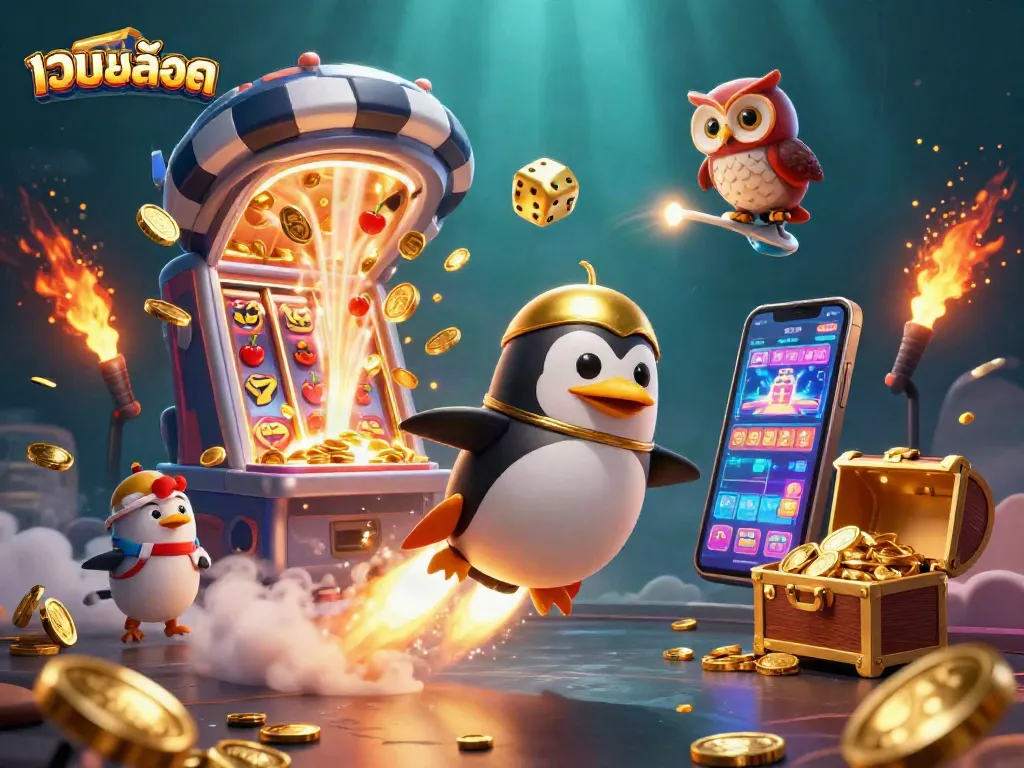 Play เว็บสล็อต with a golden penguin navigating a vibrant casino world full of jackpots and excitement.