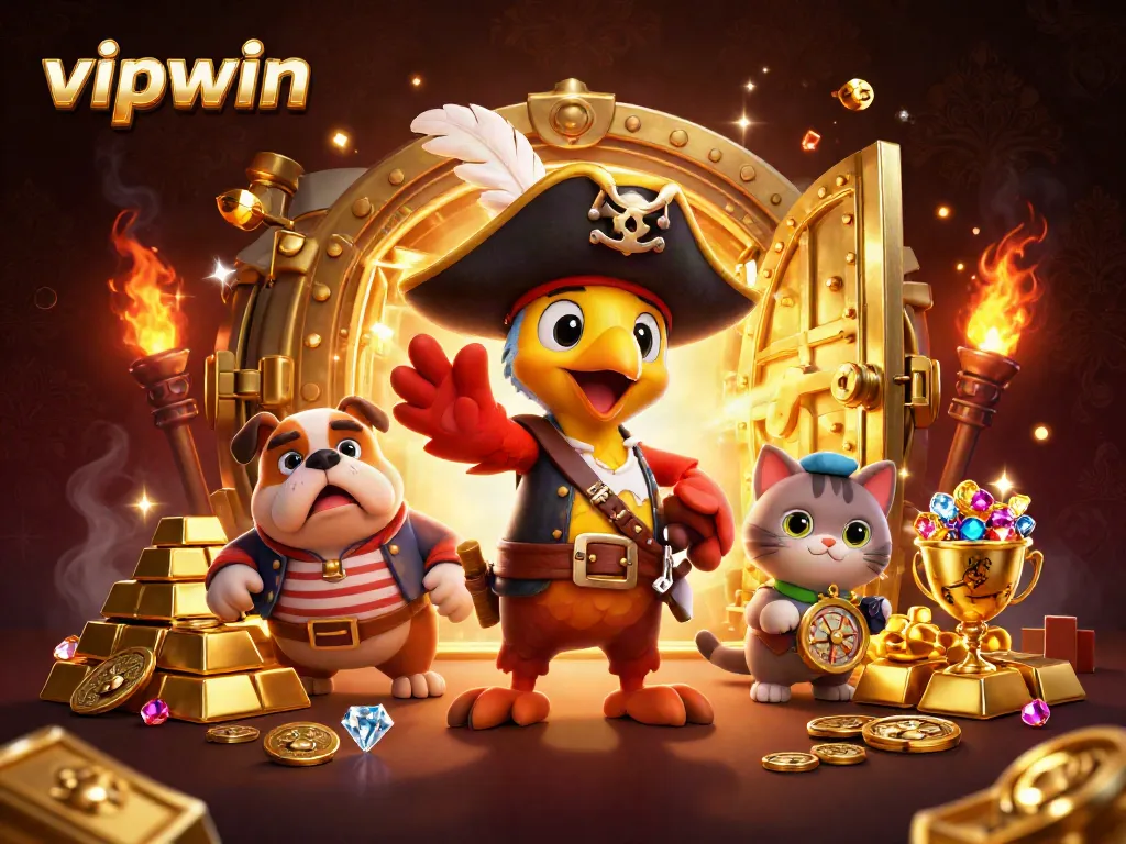 Experience thrilling adventures with vipwin through a vibrant casino scene featuring treasure and gambling elements.