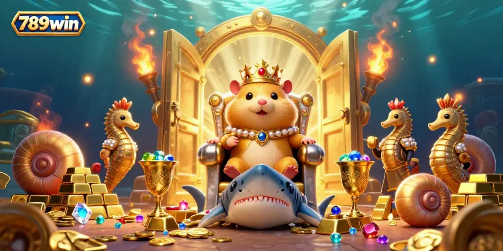 Experience the vibrant underwater casino world of 789win with a fearless hamster king amidst treasures.