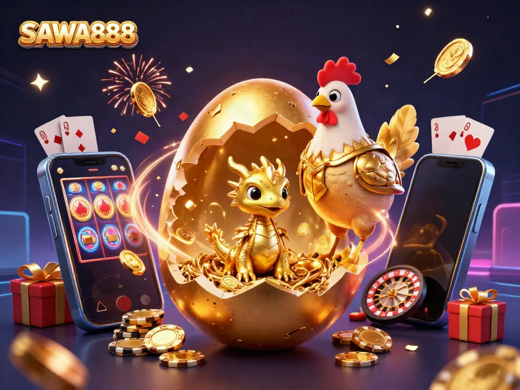 Experience the thrill of SAWA888 gaming with a golden dragon and poker chips in a vibrant casino setting.