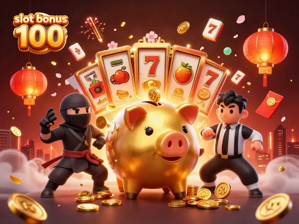 Engage in the exciting world of slot bonus 100 with this vibrant scene featuring a golden piggy bank sumo wrestler, dynamic game elements, and a lively casino atmosphere.