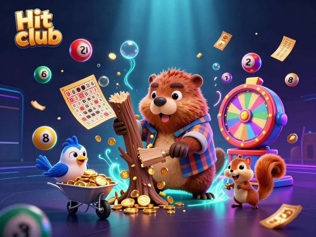Engaging scene depicting the Hit club with animated cartoon characters celebrating with golden coins and vibrant lottery elements.