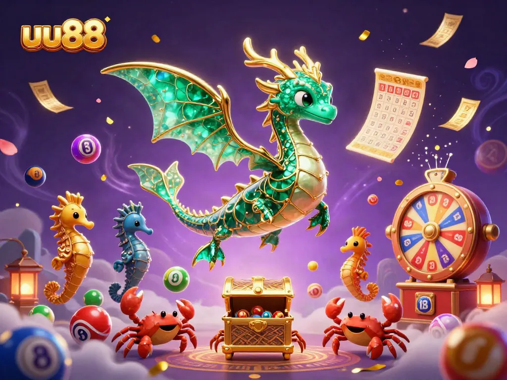 Experience the thrill of uu88 with a vibrant illustration featuring a majestic sea dragon, captivating lottery elements, and dynamic treasures.