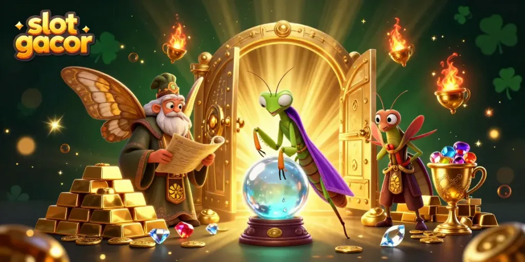 Slot gacor meningkatkan peluang menang dengan ilustrasi mistis dan ceria.