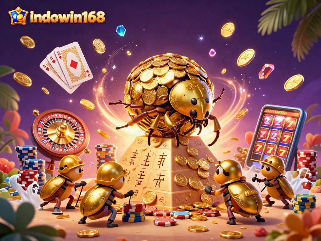 Experience thrilling action at indowin168 with golden coins, roulette, and vibrant casino elements.