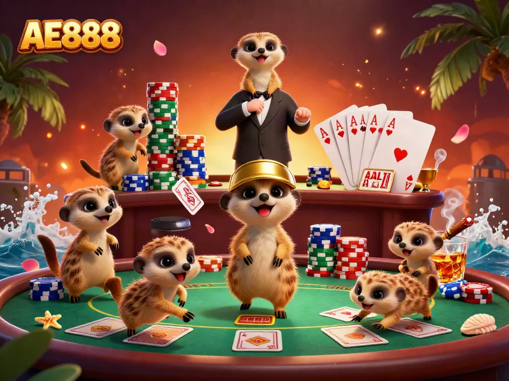 Experience thrilling gameplay at AE888's vibrant casino with meerkats managing a lively poker scene.
