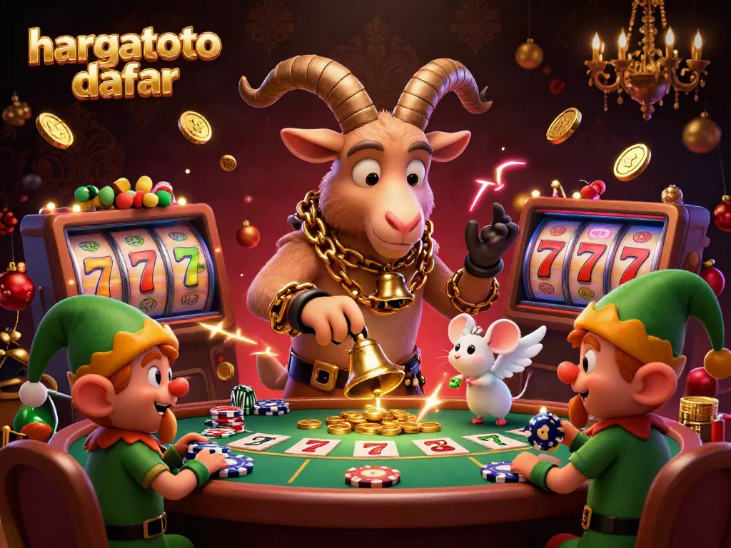 Experience the thrill of "hargatoto daftar" in a festive casino scene with the humorous Krampus goat, angel mouse, and mischievous gremlins.