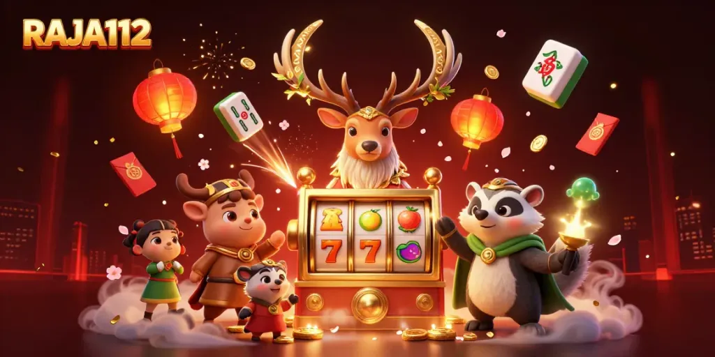 Engage with RAJA112 in an ultra-detailed 3D casino scene featuring slot machines, lucky symbols, and vibrant colors.