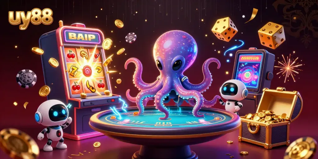 Engage in thrilling poker action at uy88 with an alien octopus and fun casino elements.