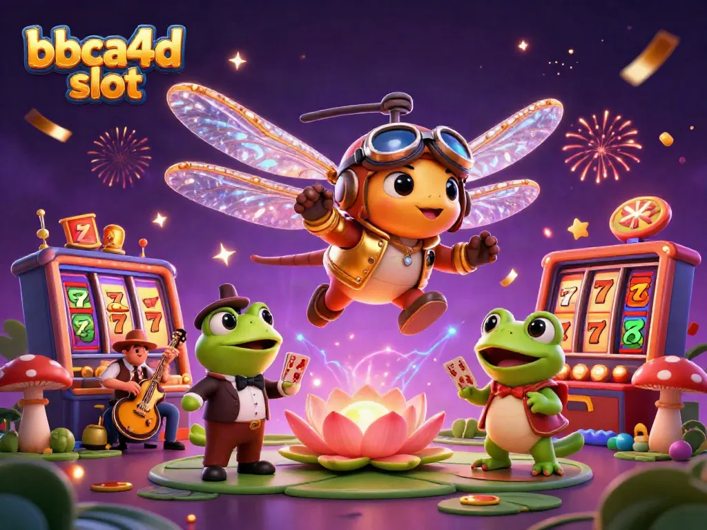 Menang di BBCA4D slot, dengan croupier katak dan pemain bersenang-senang di kasino.