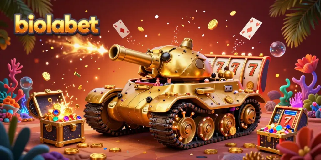 Experience casino excitement with biolabet's vibrant 3D illustration of a golden beetle tank revealing a lively mini casino.