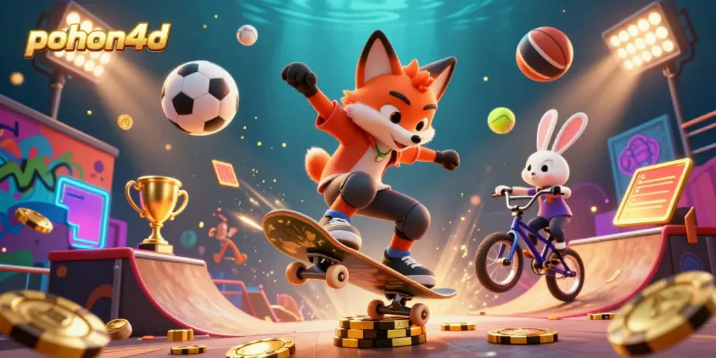 Pohon4d showcases a 3D cartoon fox performing tricks over golden poker chips, surrounded by sports elements.