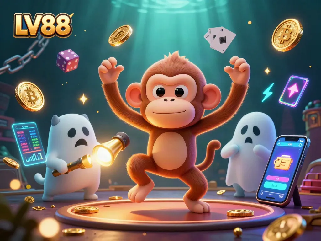 Engage with LV88's thrilling casino gameplay showcasing a ghostly monkey and a curious puppy in action.