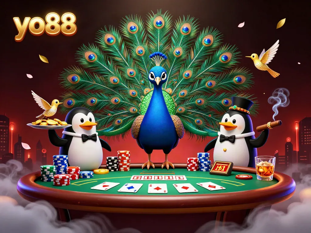 Experience luck with yo88's vibrant casino scene featuring a peacock, penguin, and hummingbird amidst a poker atmosphere.