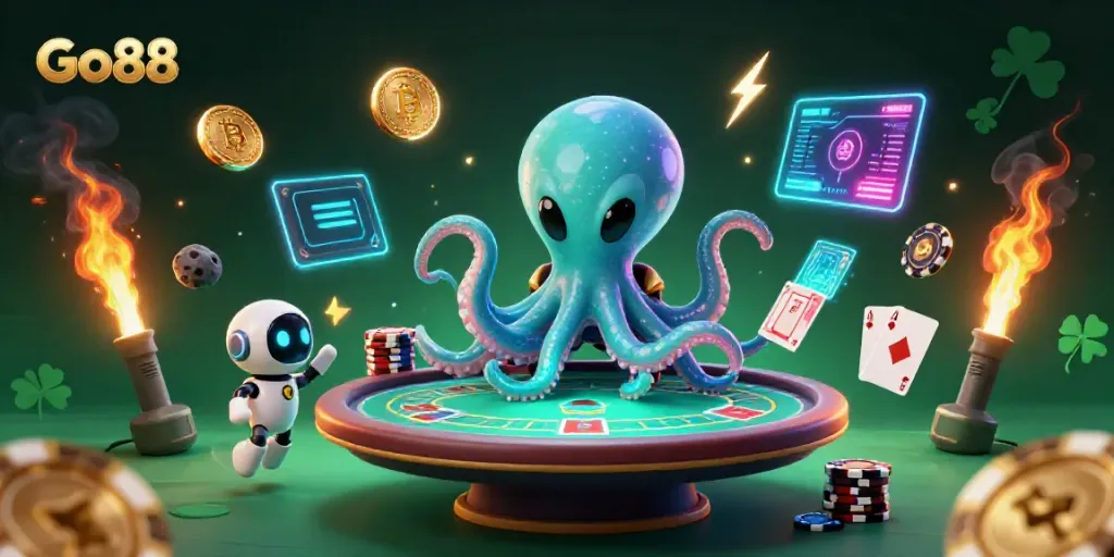 Engage in thrilling poker action with Go88 featuring a vibrant alien octopus and neon elements.