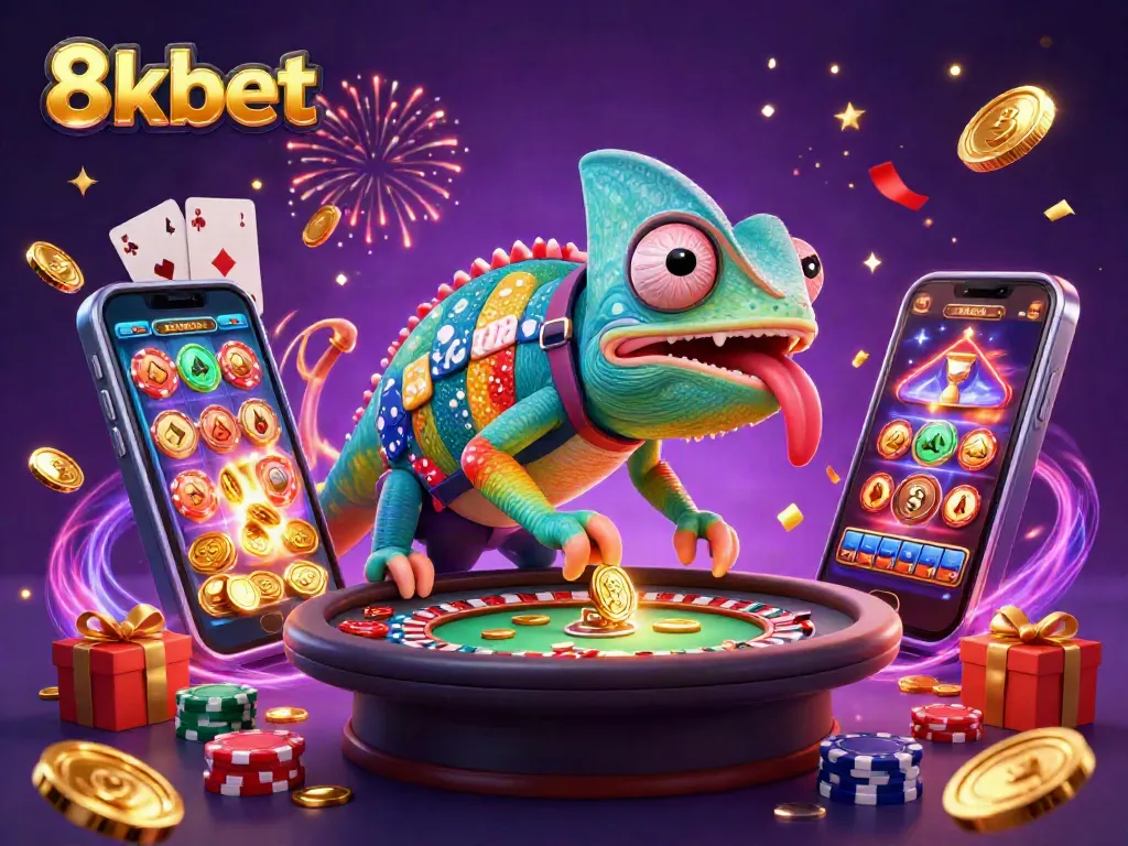 Engage in thrilling gameplay with 8xbet's dynamic illustration of casino gaming elements and colorful characters.