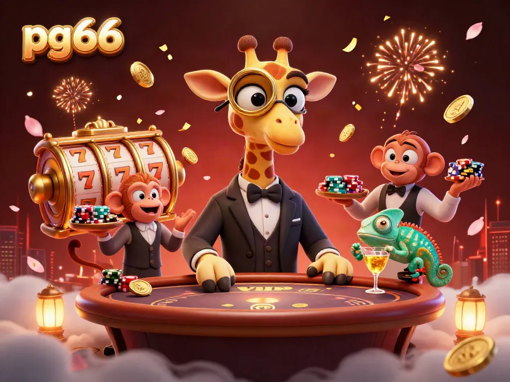 Experience the vibrant world of pg66 with a giraffe at a VIP poker table, a monkey valet, and game elements for an immersive gaming adventure.