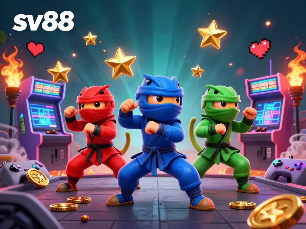 Engage in thrilling sv88 gameplay with ninja chameleons surrounded by vibrant gaming elements.
