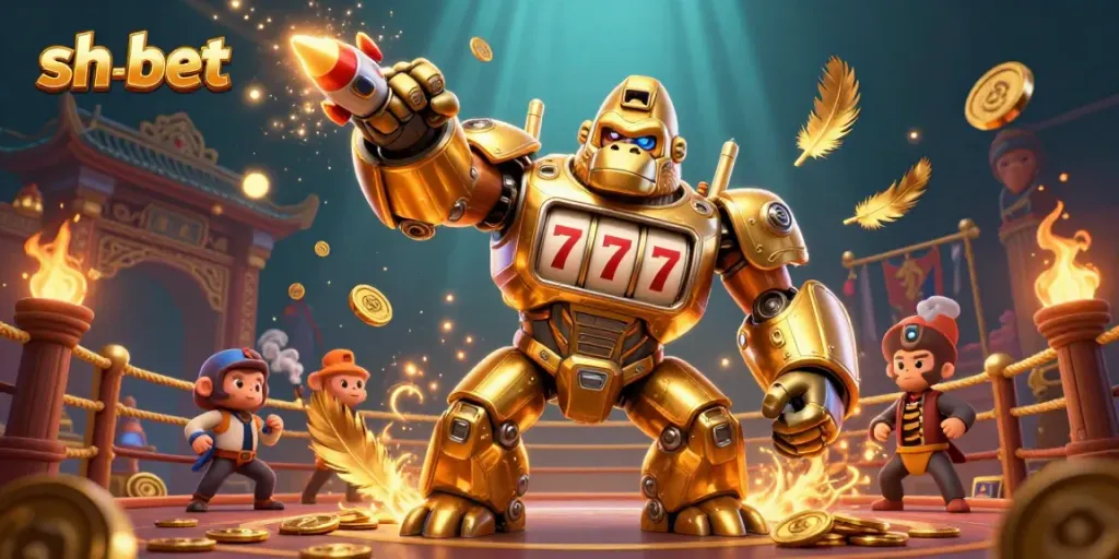 Engage in thrilling gameplay at sh-bet with a golden gorilla mech surrounded by dynamic casino elements.