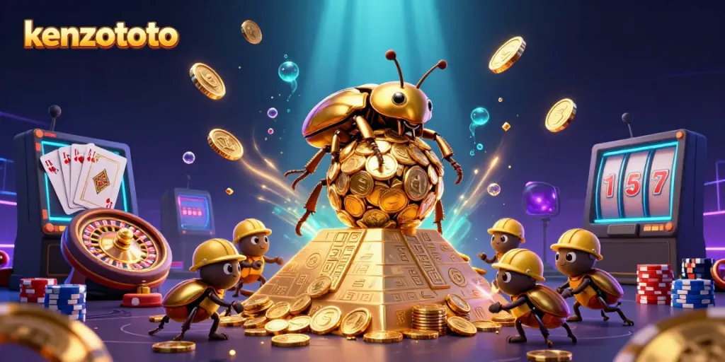 Kenzototo offers an exciting gaming experience with golden beetles rolling coins in a dazzling casino pyramid.