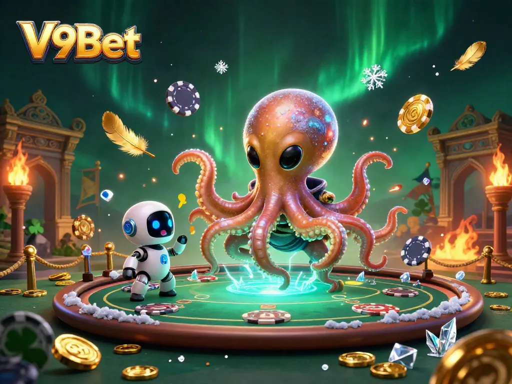 Experience thrilling gaming at V9Bet with an alien octopus and robot at a vibrant poker table.