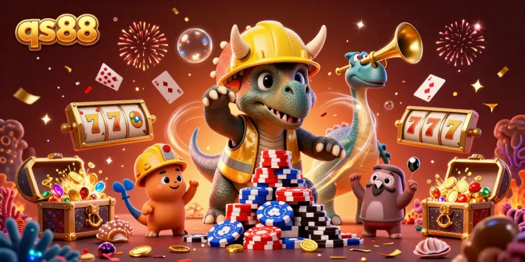 qs88 illustration showcasing a triceratops building poker chip pyramid in a vibrant casino setting.