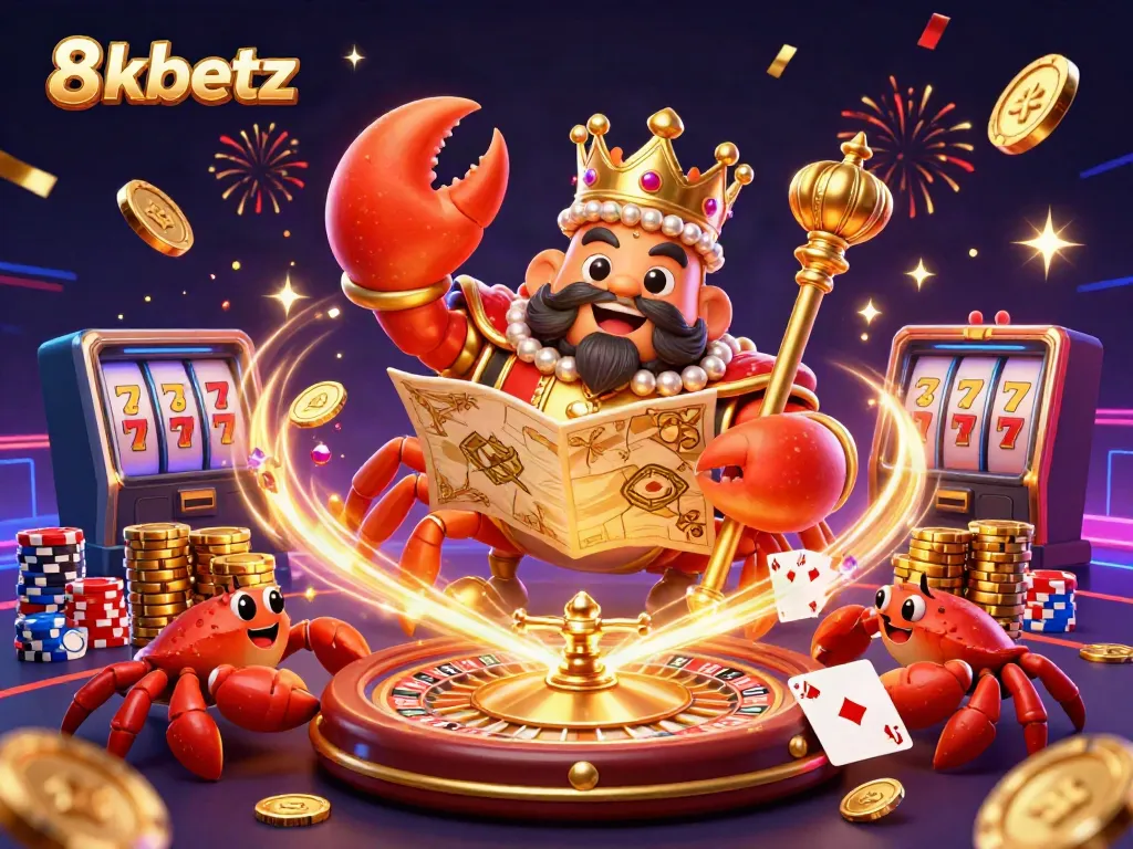 Experience the excitement of 8xbetz with vibrant golden visuals, dynamic casino elements, and cartoon characters.