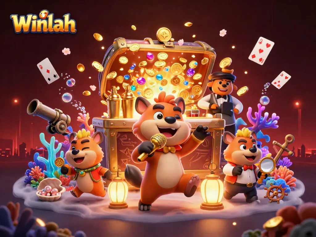 Experience the laughter and excitement with Winlah at this vibrant comedy casino scene featuring hyenas.