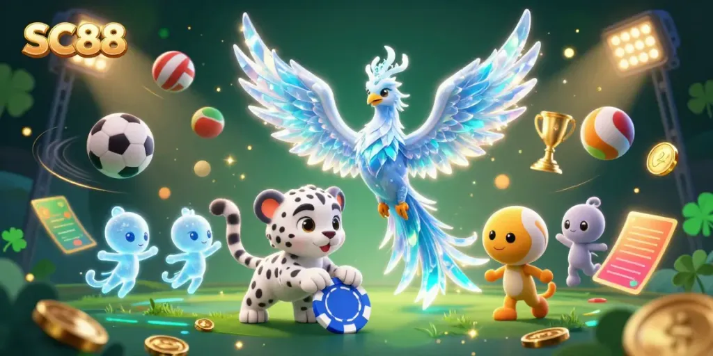 Experience exciting gameplay at SC88 with a lively illustration of the ice phoenix and snow leopard showing casino fun.