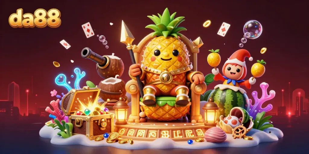 Experience the thrilling adventure of da88 with a golden pineapple king surrounded by playful tropical elements in a vibrant casino.