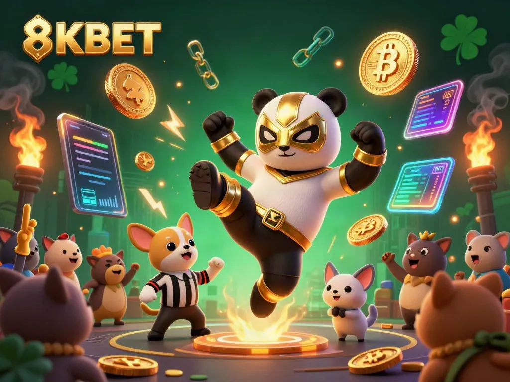 Join the excitement of 8KBET as a panda wrestler brings the action in a vibrant casino scene with crypto elements.