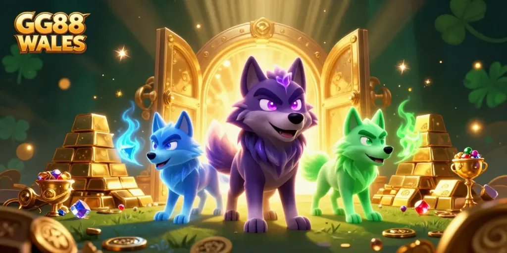 Experience excitement at GG88 WALES with a dynamic 3D gaming scene featuring ghostly wolves and treasure!