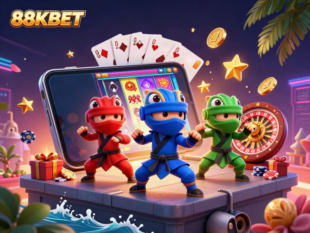 Engage with 88KBET’s exciting gaming world featuring ninja chameleons and vibrant slot games.