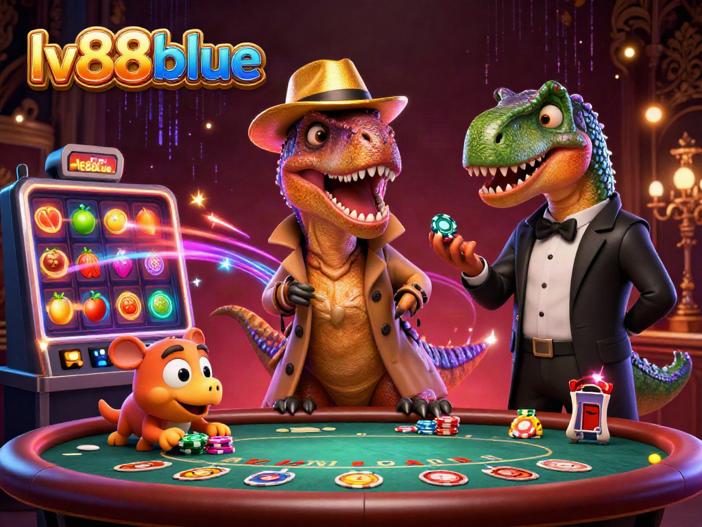 lv88blue illustrates a velociraptor card counter at a blackjack table with neon lights and slot reels.