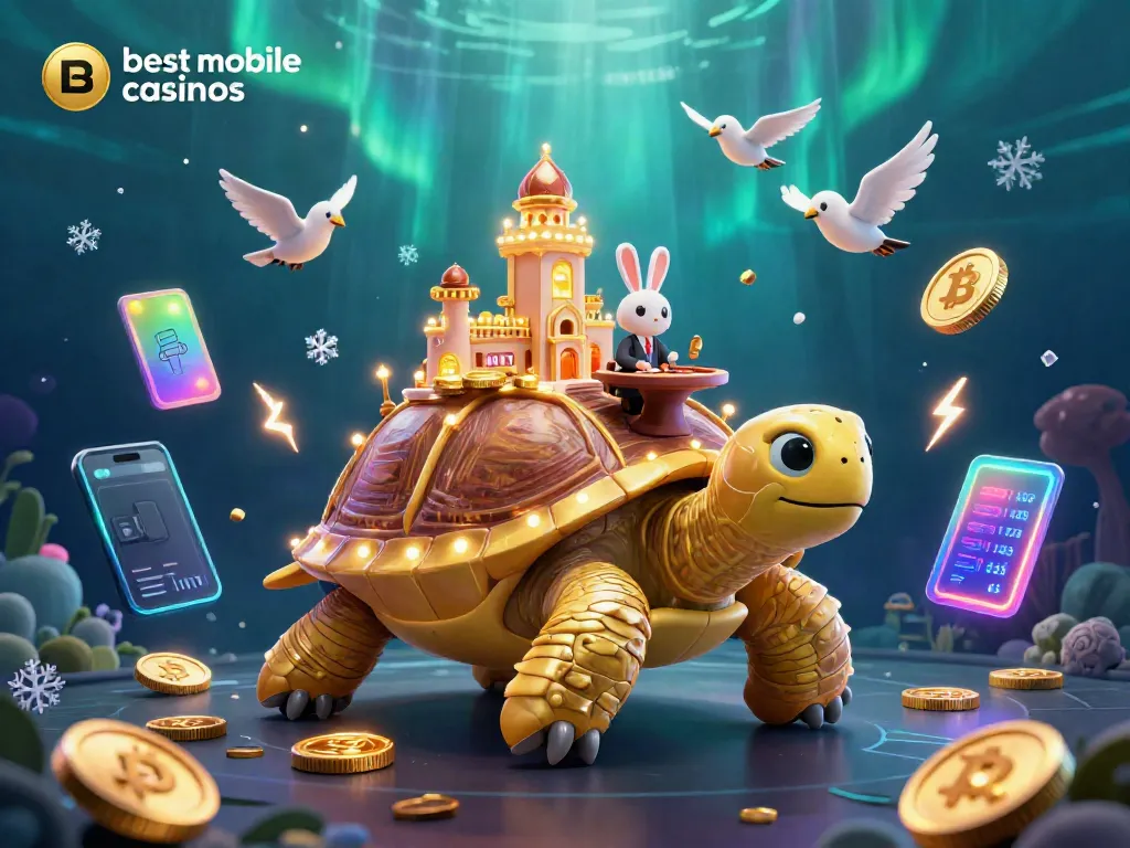 Engage with the best mobile casinos featuring a vibrant 3D casino scene with a golden tortoise and crypto elements.