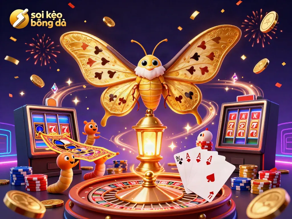 Soi kèo bóng đá with a vibrant scene of a 3D moth, casino elements, and celebratory effects.