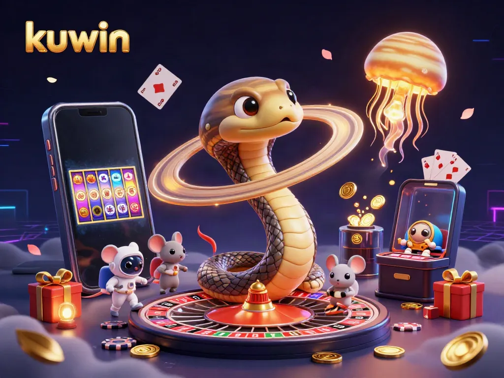 Action-packed kuwin casino scene with cartoon Saturn ring snake as roulette wheel surrounded by gaming elements.