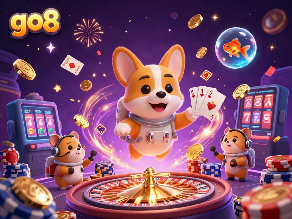 Engage with go8 while joining a thrilling space casino experience featuring a playful corgi and a hamster.