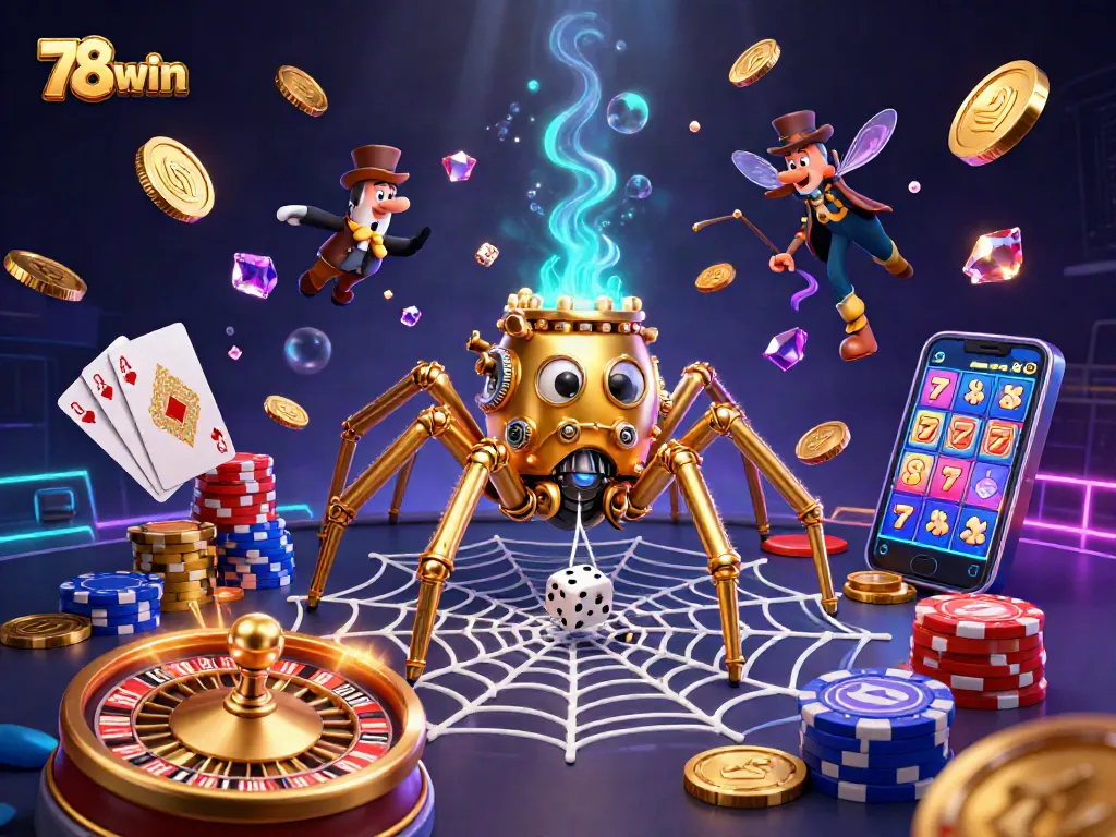 Experience thrilling moments with 78win, featuring a 3D spider web of casino excitement.