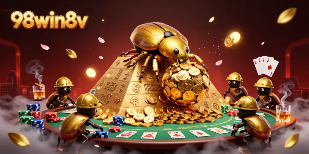 Experience the dynamic world of 98win8v with vibrant casino action featuring golden beetles and poker elements.