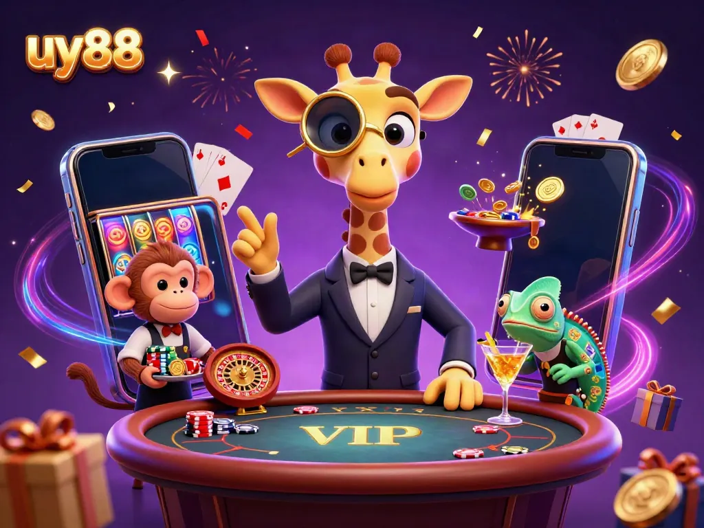 Experience excitement at uy88 with a high-roller giraffe, monkey valet, and chameleon bartender in a vibrant casino scene.