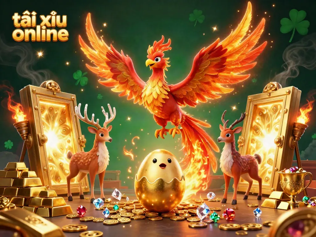 Experience the thrill of tài xỉu online in this vibrant 3D illustration with a phoenix, treasure, and dynamic elements.