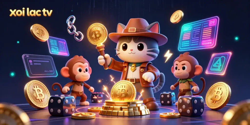 Xoi lac tv brings excitement as the explorer cat finds a golden casino relic surrounded by crypto elements.