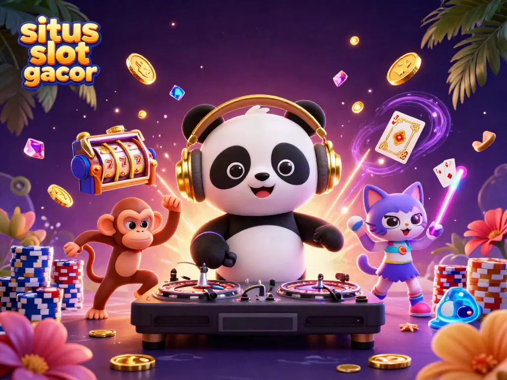 Experience the excitement of situs slot gacor with a vibrant 3D casino scene featuring a DJ panda, dancing monkey, and rave kitten.