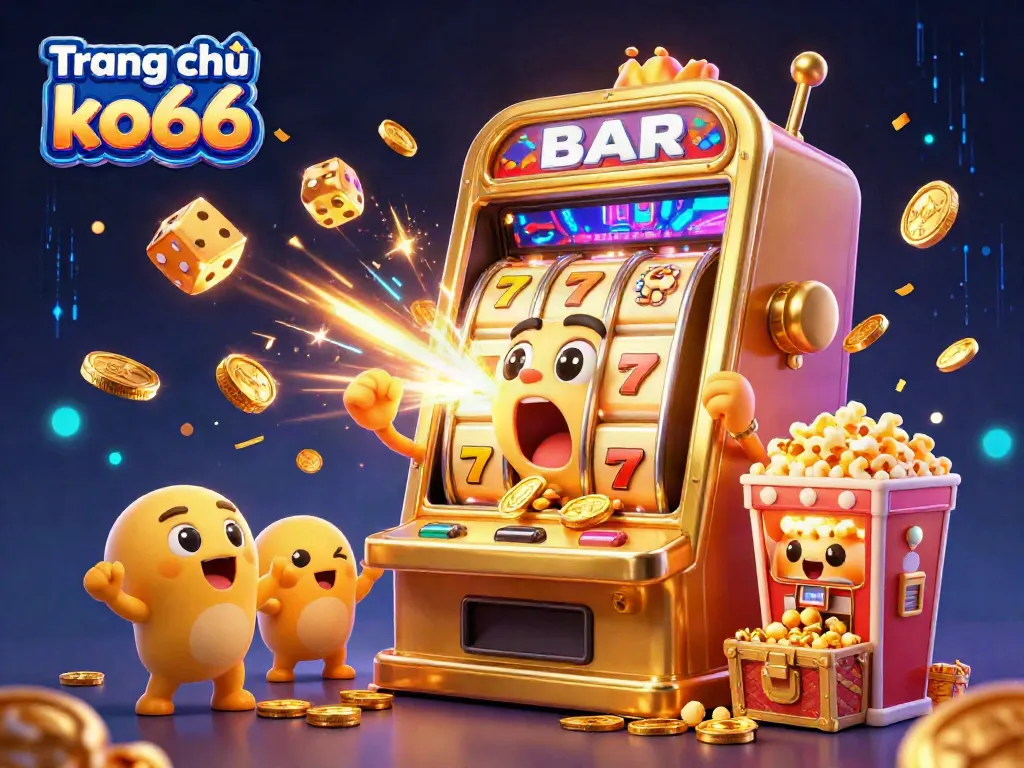 Engaging scene of Trang chủ ko66 showcasing a golden slot machine hitting a jackpot amidst confetti and excitement.