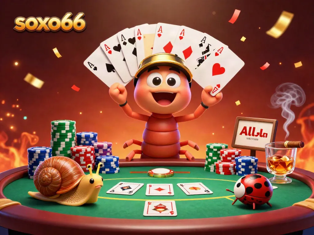 Soxo66 showcases a vibrant 3D casino scene with a millipede dealer and high-roller snail amidst poker excitement.